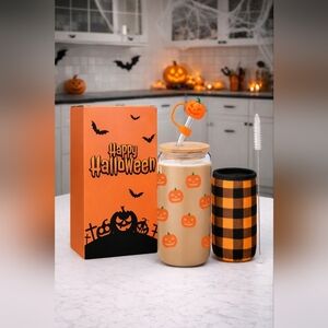 Halloween Glass Iced Coffee Cup with Lid and Straw 16oz Spooky New